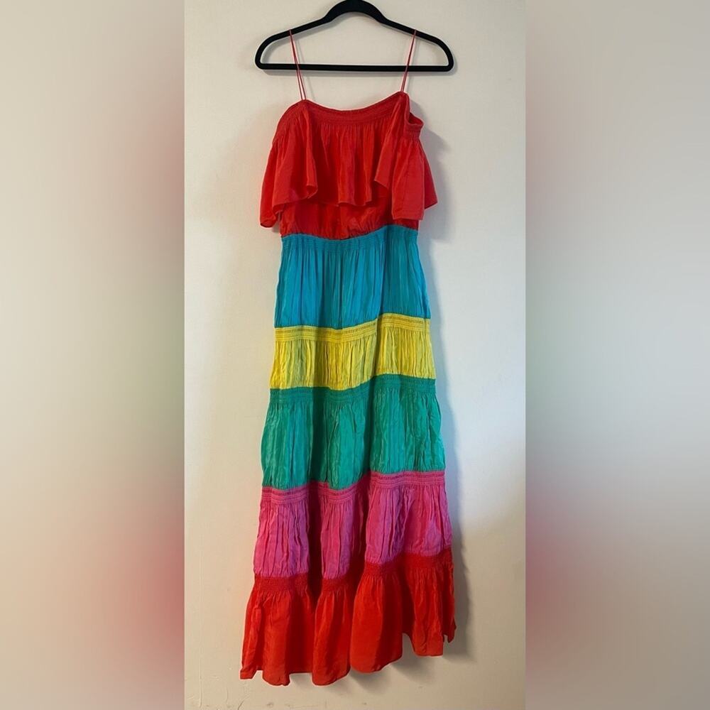 ALICE + OLIVIA Kia Rainbow Tiered Maxi Dress | Colorblock Resort Statement - Picture 3 of 10
